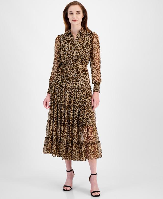 T Tahari Womens Printed Half-Placket Tiered Midi Dress Product Image