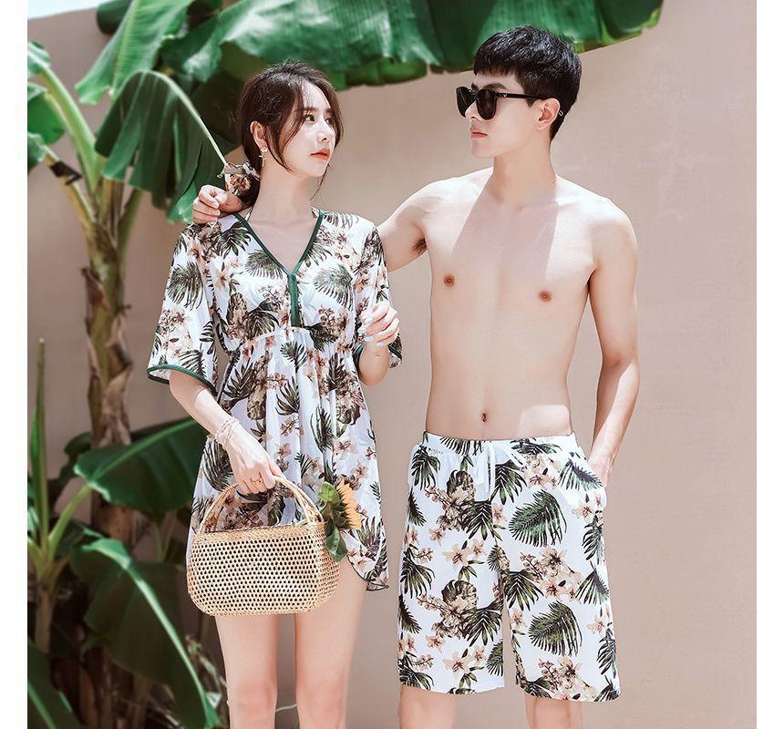 Couple Matching Leaf Print Swim Trunks / Short-Sleeve Swim Dress Product Image