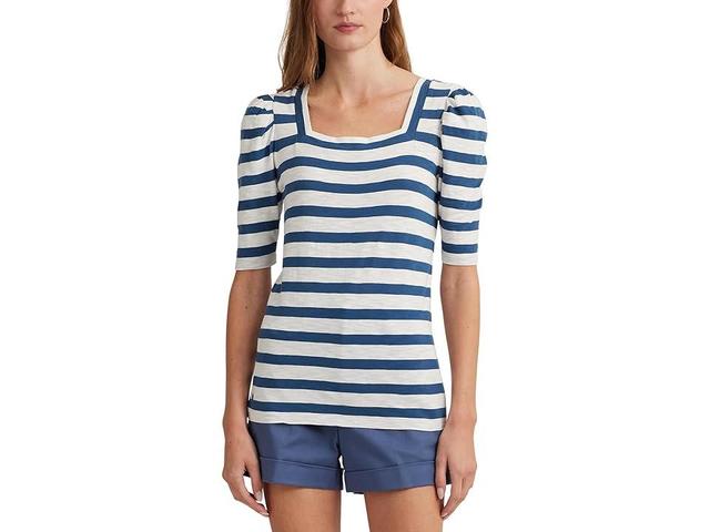 Lauren Ralph Lauren Striped Cotton Jersey Puff-Sleeve Tee Indigo Dusk) Women's Clothing Product Image