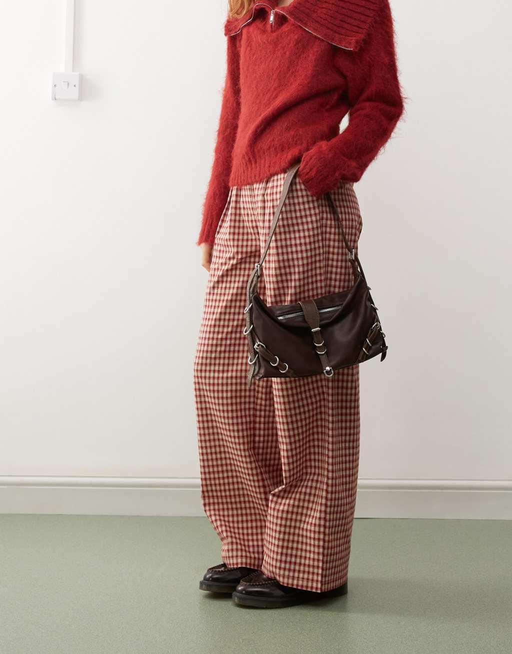 Reclaimed Vintage wide leg tailored pants in red plaid Product Image