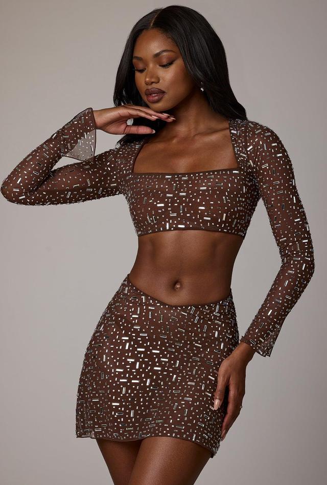 Sheer Embellished Long Sleeve Crop Top in Deep Cocoa Product Image