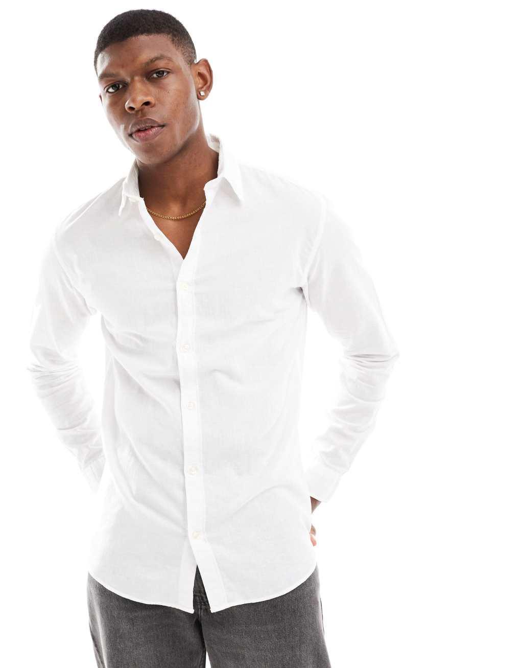 Jack & Jones linen mix shirt with long sleeves in white Product Image