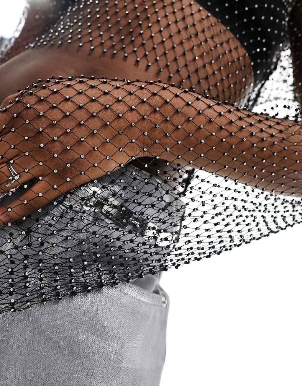 Noisy May diamante fishnet top in black Product Image