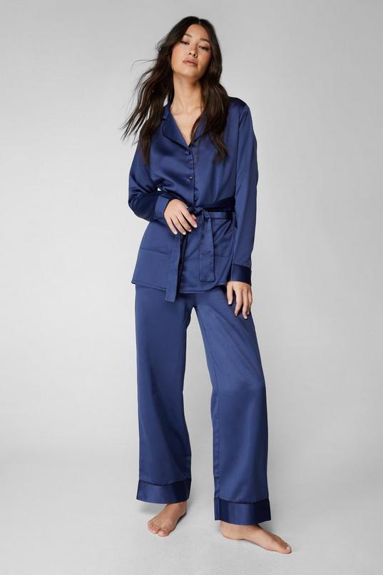 Satin Contrast Piping Belted Pajama Pants Set Product Image