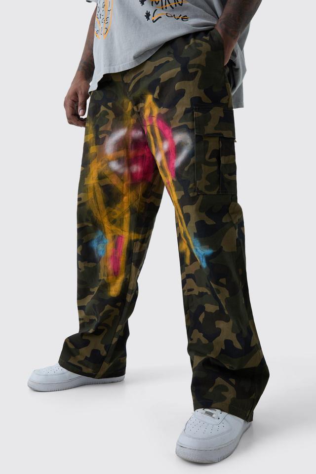 Mens Multi Plus Fixed Waist Relaxed Twill Camo Paint Splatter Cargo Tro, Multi Product Image