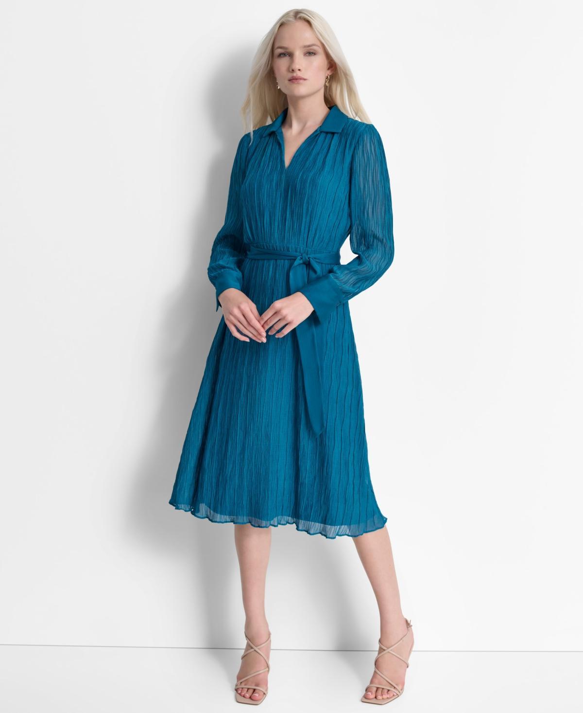 Dkny Womens Crinkle Polo-Collar Tie-Waist Dress Product Image