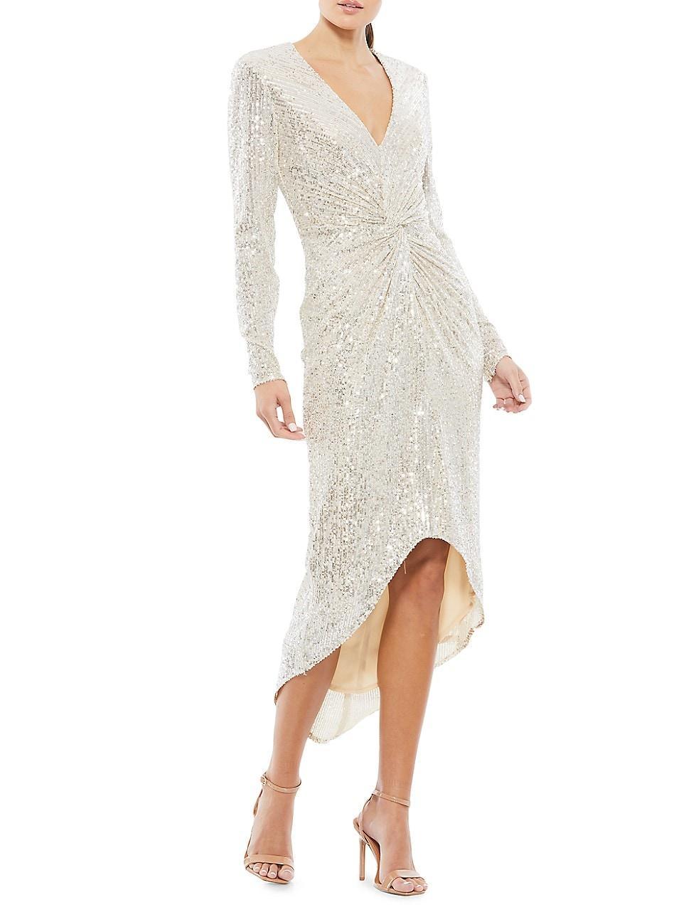 Mac Duggal Metallic Sequin Long Sleeve Faux Wrap Dress Product Image