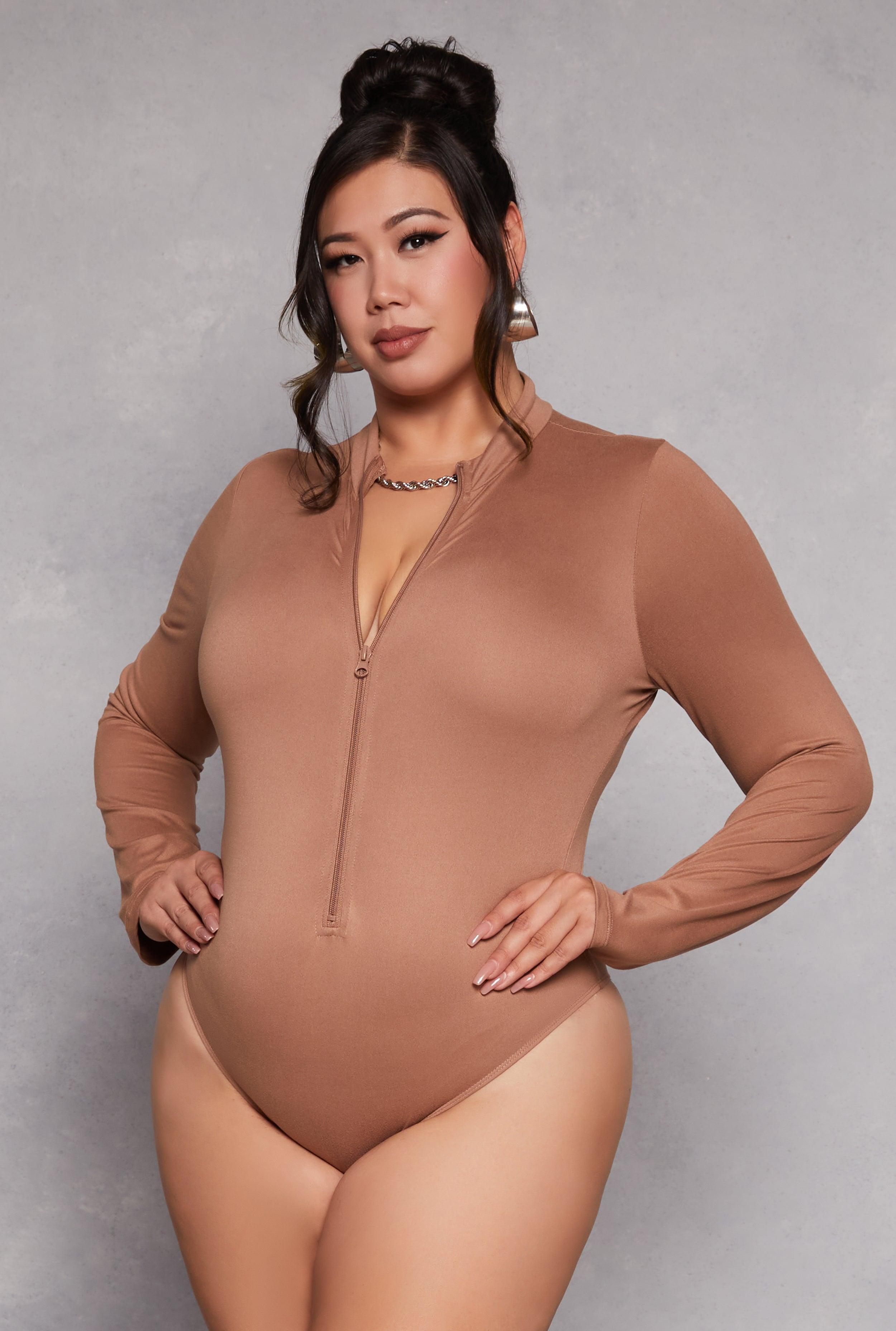 Womens Plus Size Zip Front Mock Neck Bodysuit Product Image