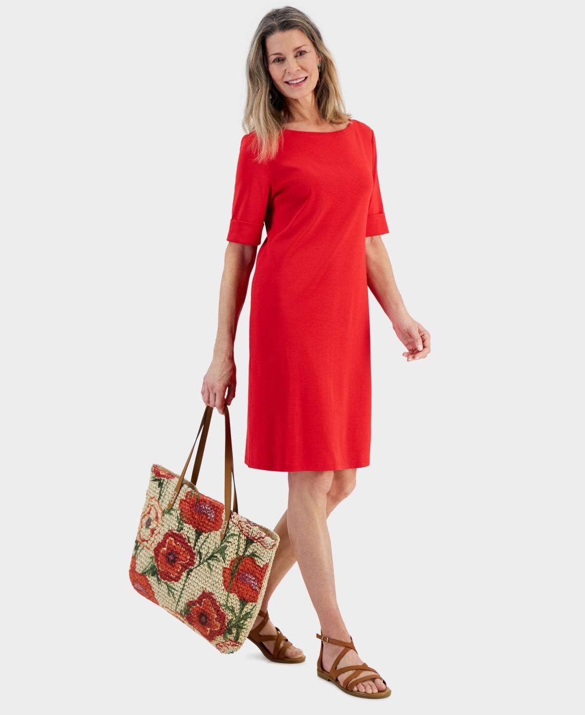 Women's Cotton Boat-Neck Elbow-Sleeve Dress, Created for Macy's Product Image