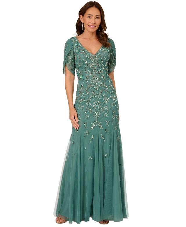 Adrianna Papell Beaded V-Neck 34 Petal Sleeve Mermaid Gown Product Image