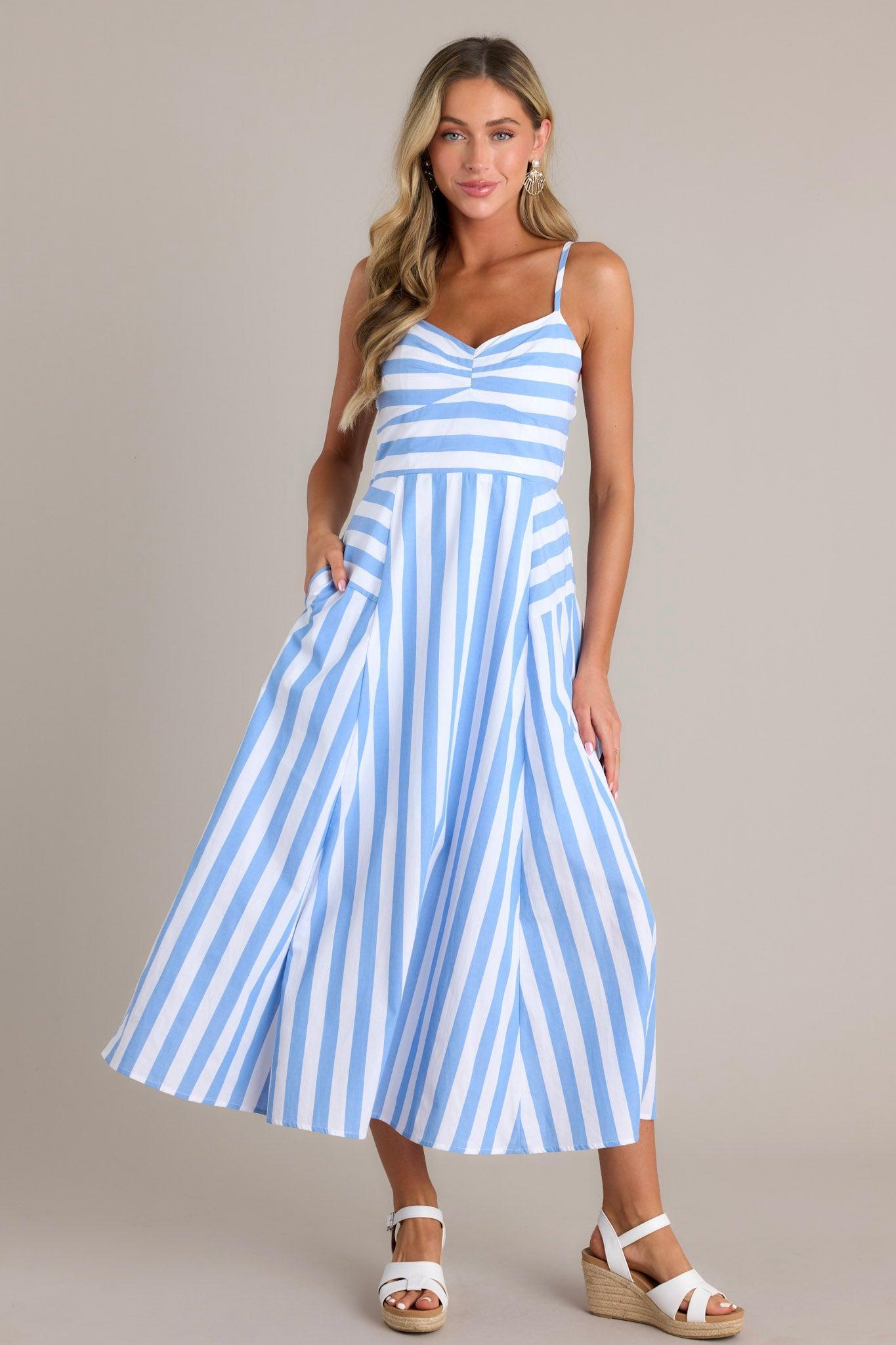 Coastal Cutie 100% Cotton Light Blue Stripe Midi Dress Product Image