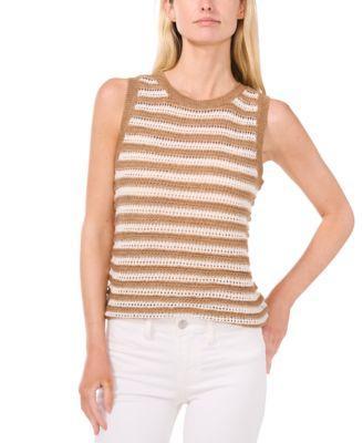 CeCe Womens Pointelle Stripe Crewneck Sleeveless Sweater Product Image