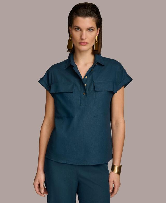 Donna Karan Womens Short-Sleeve Linen-Blend Collared Shirt Product Image