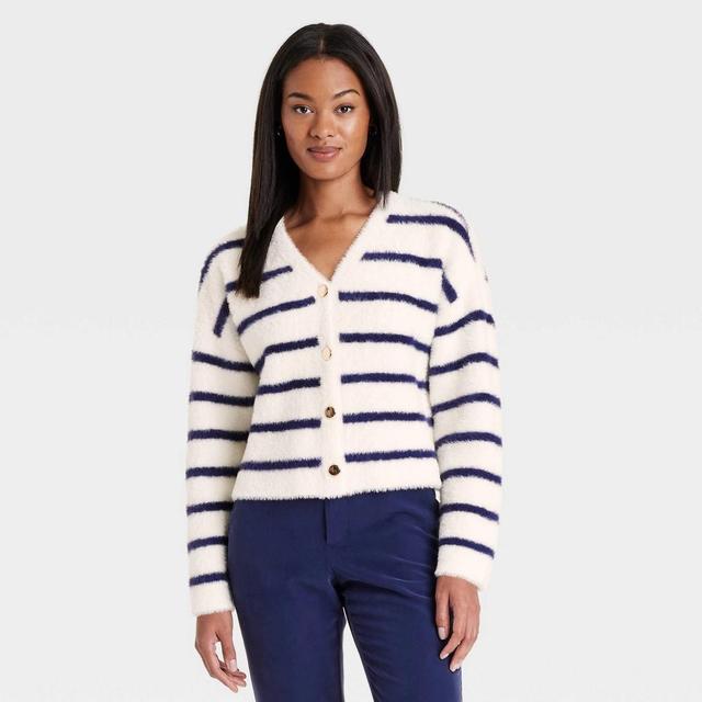 Women's Fuzzy Party Cardigan - A New Day™ Cream/Navy Striped XS Product Image