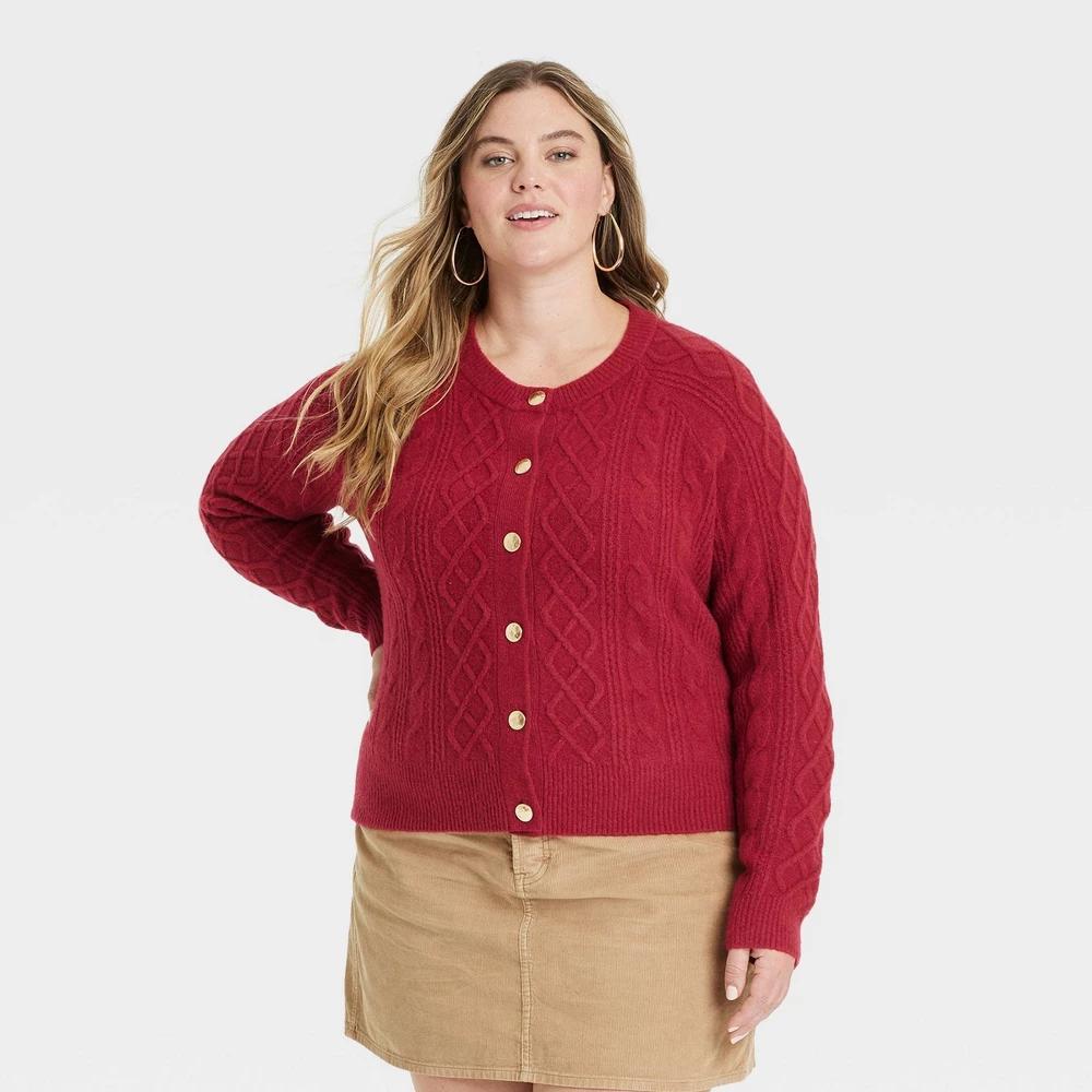 Womens Cashmere-Like Cable Stitch Cardigan - Universal Thread Maroon XXL Product Image