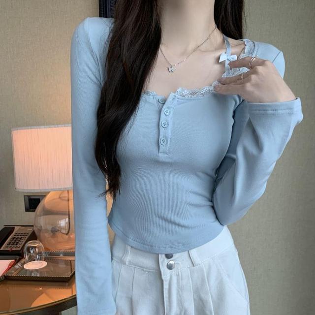 Long Sleeve Henley Plain Bow Lace Trim T-Shirt Product Image