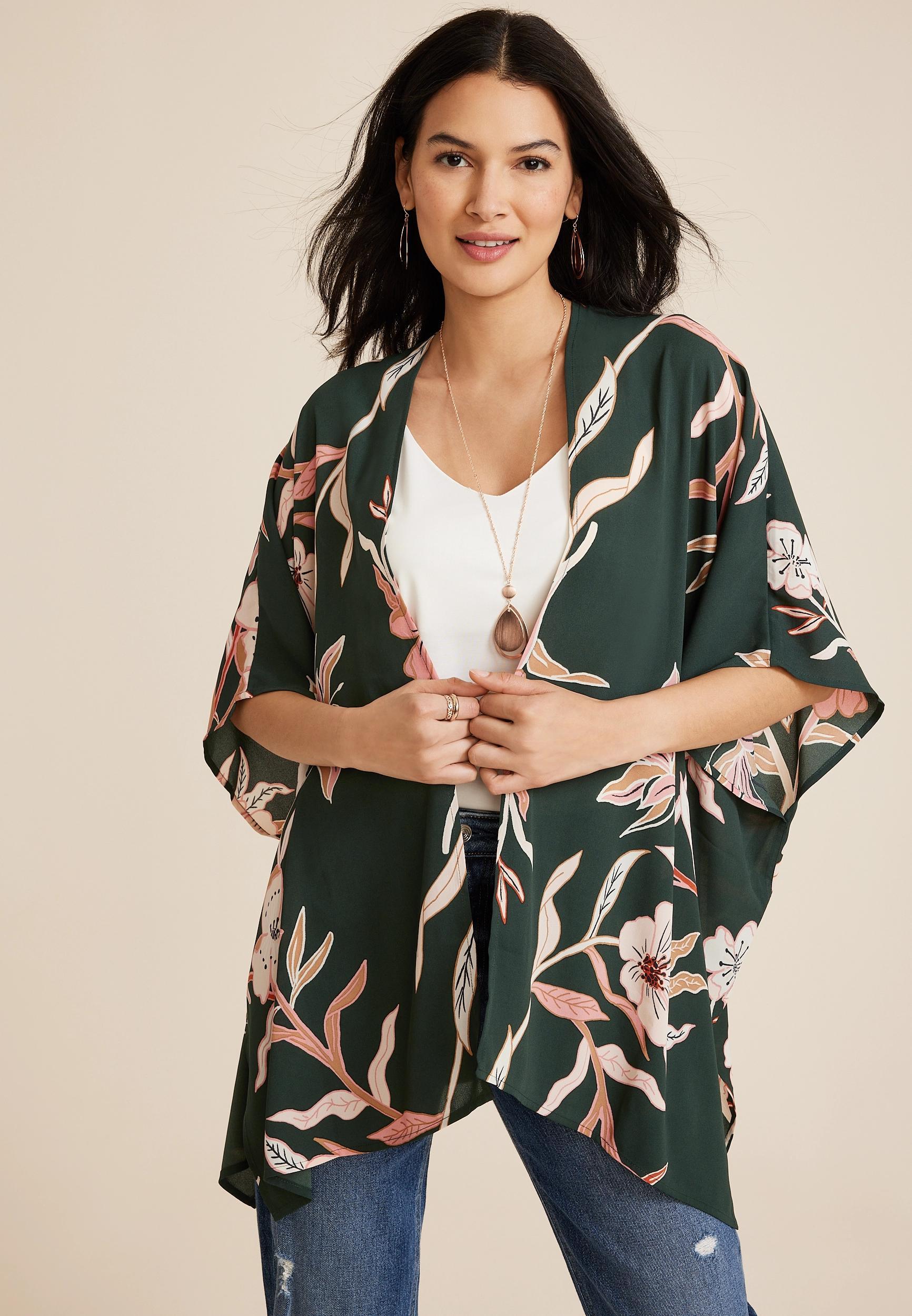 Maurices Womens Green Floral Kimono Size One Size Product Image