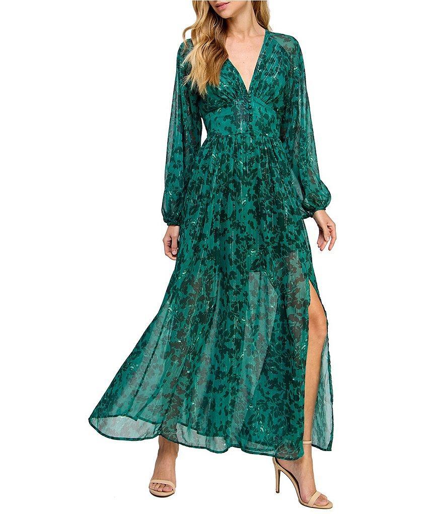 Layered With Love Alona Floral Print Chiffon Lurex Strip V-Neck Long Sleeve Maxi Dress Product Image