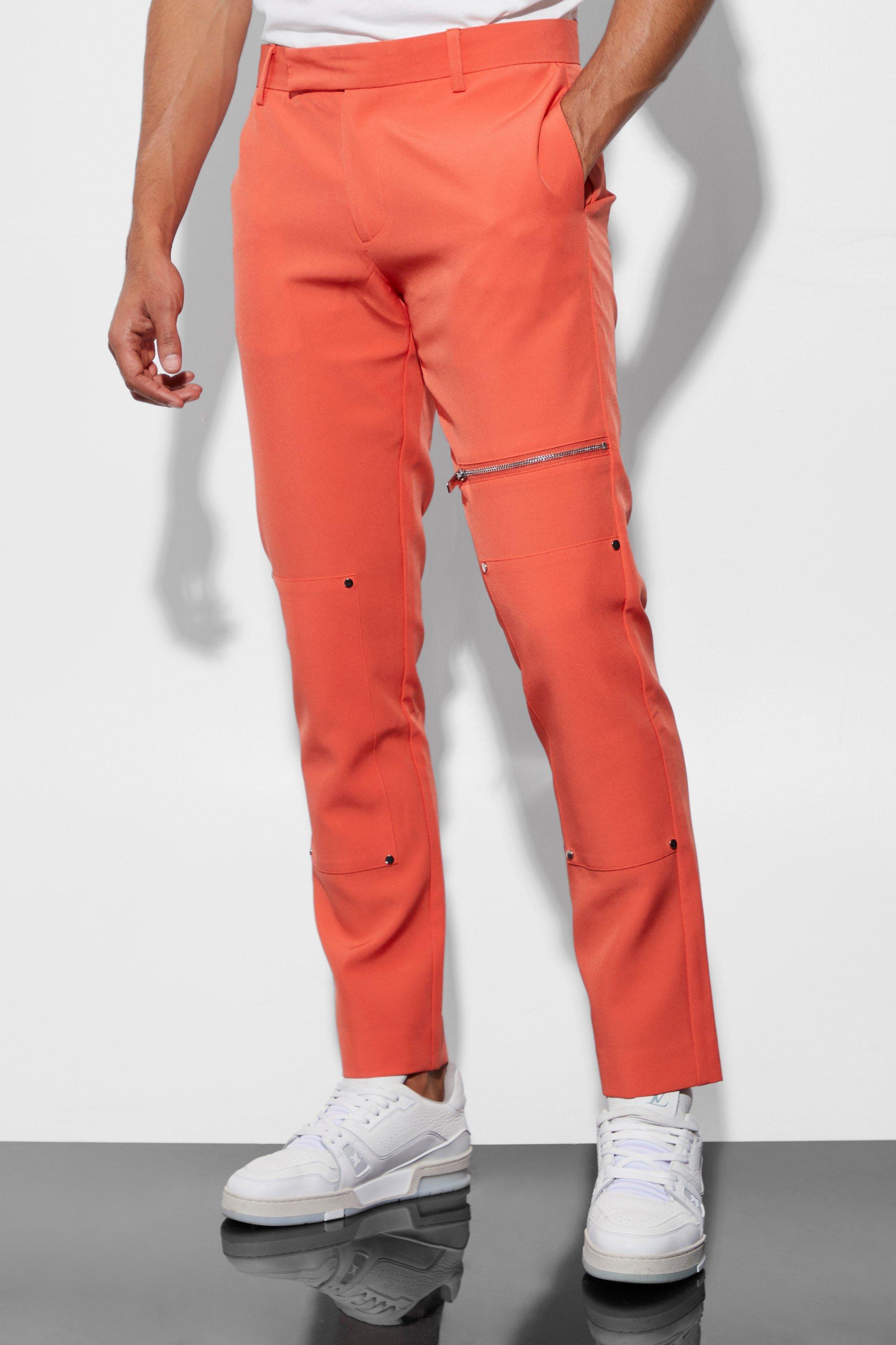 Mens Orange Skinny Zip Suit Trousers, Orange Product Image