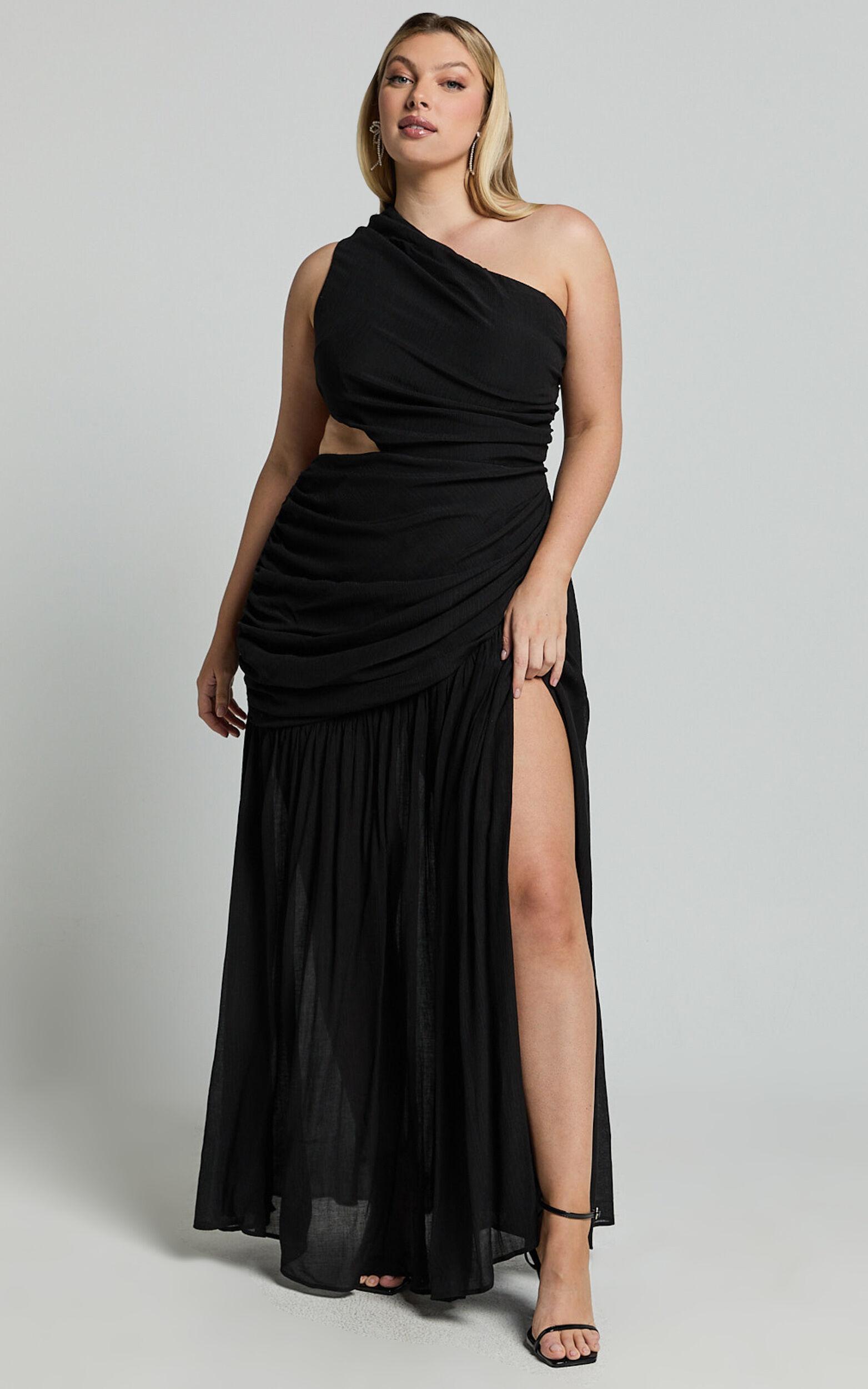 Darcy Maxi Dress - One Shoulder Side Cut Out Gathered Dress in Black Product Image