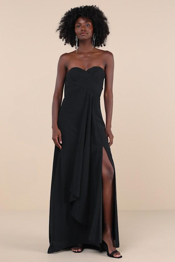 Splendid Aura Black Chiffon Pleated Strapless Maxi Dress Product Image