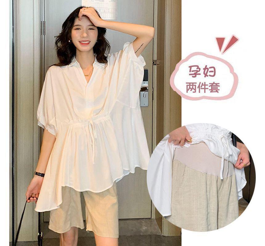 Maternity Short-Sleeve Plain Asymmetrical Shirt / High Waist Shorts Product Image