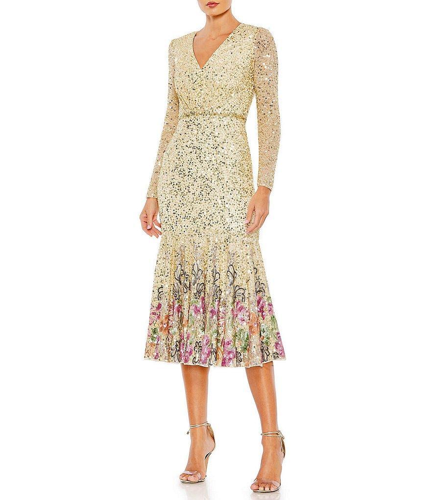 Mac Duggal Floral Sequin and Beaded Surplice V-Neck Long Sleeve Midi Dress Product Image