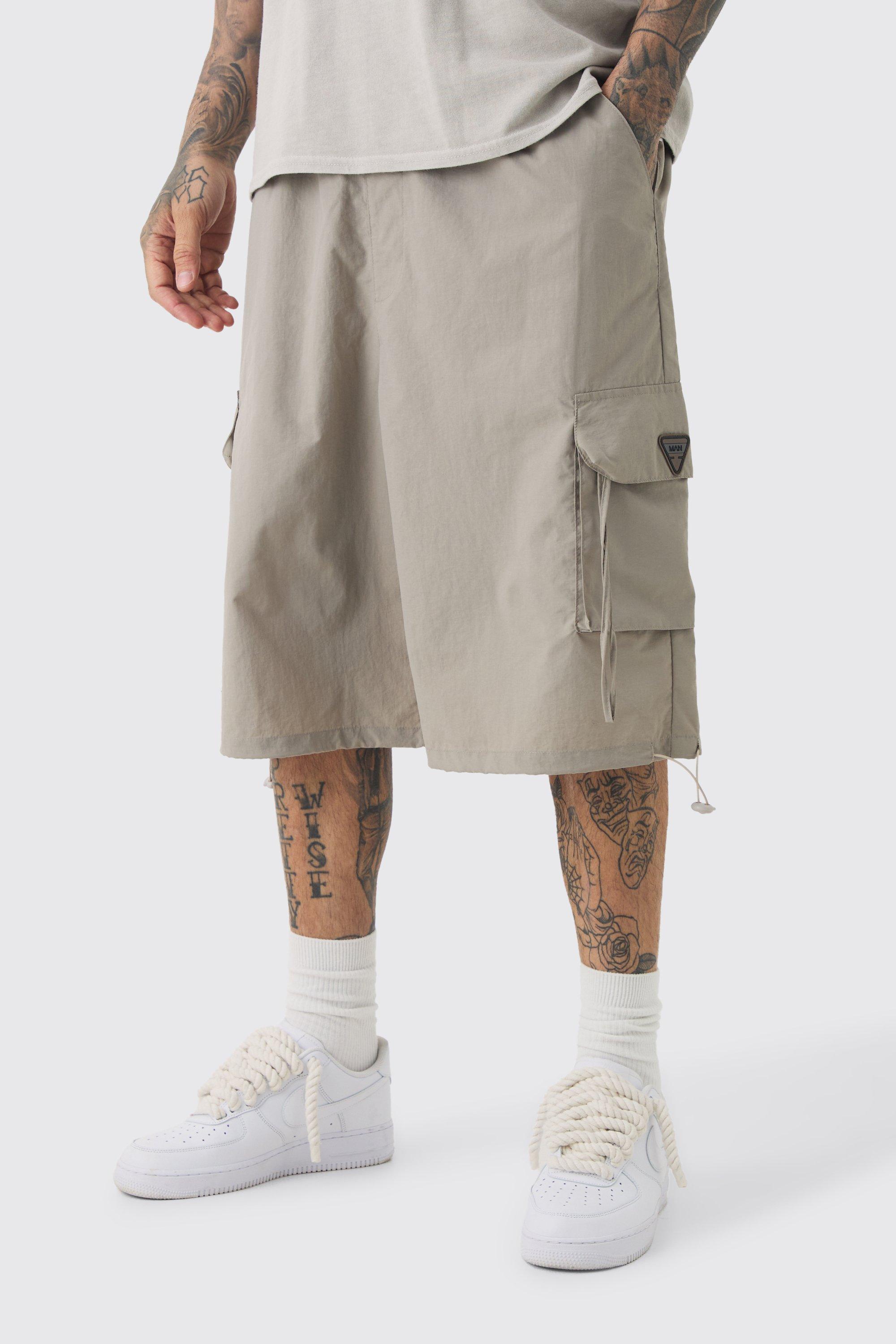 Tall Crinkle Nylon Cargo Parachute Shorts In Stone | boohooMAN USA Product Image