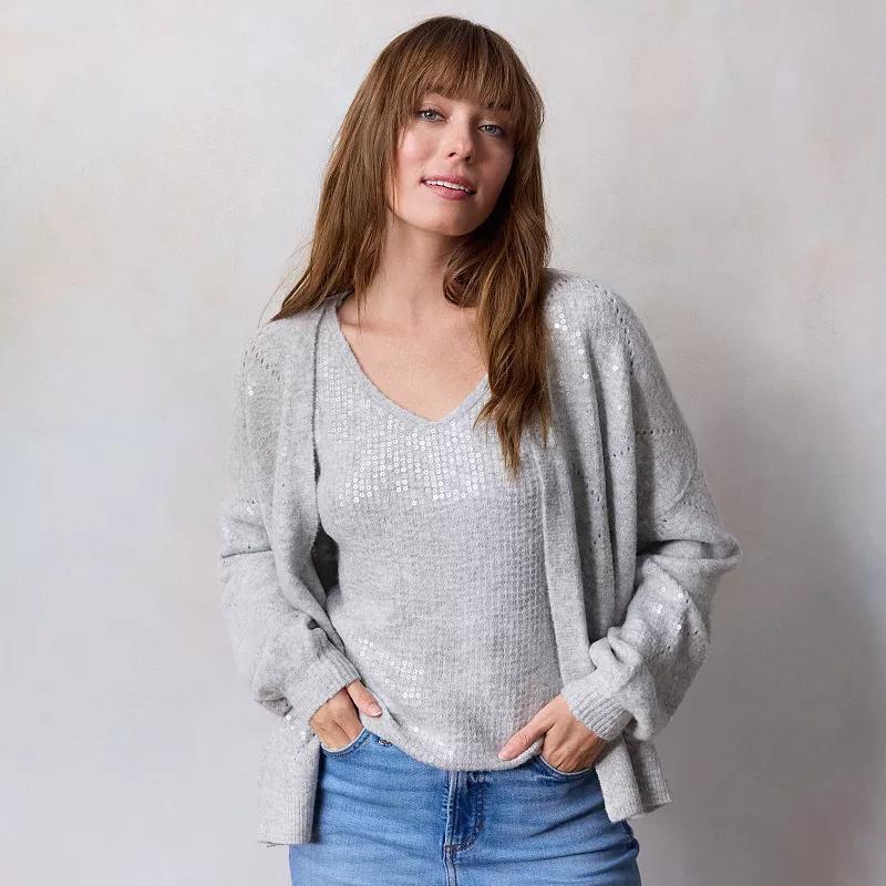 Womens LC Lauren Conrad Sequin Embroidery Knitted Cardigan Dusty Salt Grey Product Image