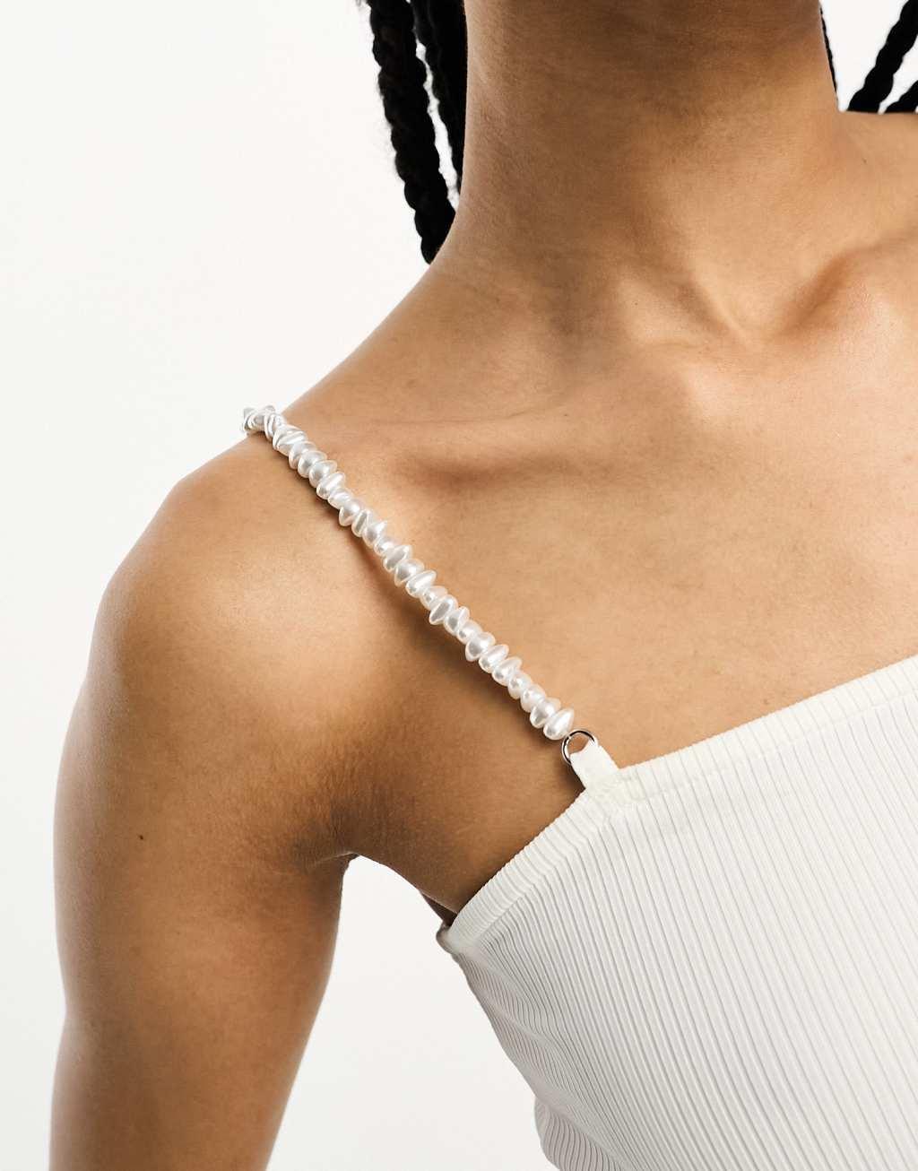 Only Petite crop top with pearl straps in white Product Image