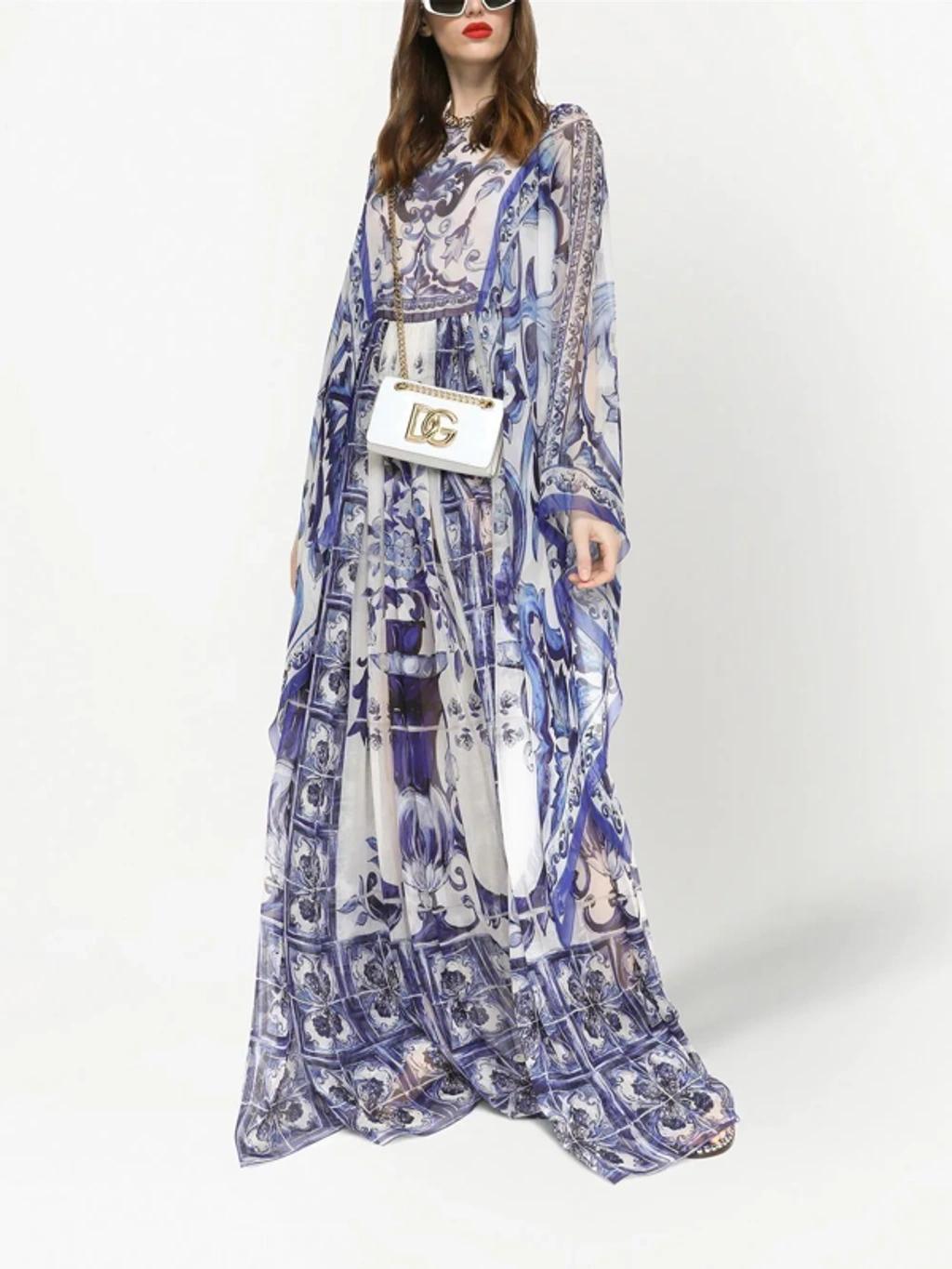 Blu Mediterraneo Painterly Kimono-sleeve Maxi Dress In Tris Maioliche Product Image