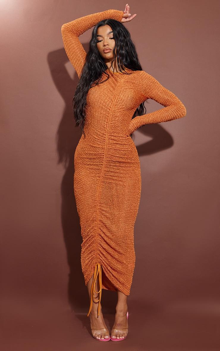 Rust Textured Ruched Long Sleeve Midaxi Dress Product Image