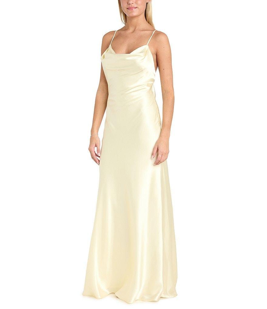 Morgan & Co. Sleeveless Long Spaghetti Strap Charmeuse Draped Front And X Back Long Dress Product Image