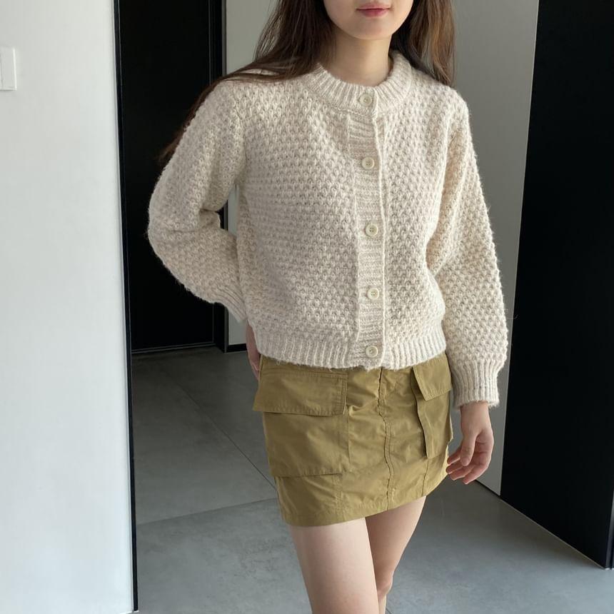 Crew Neck Plain Textured Crop Cardigan Product Image