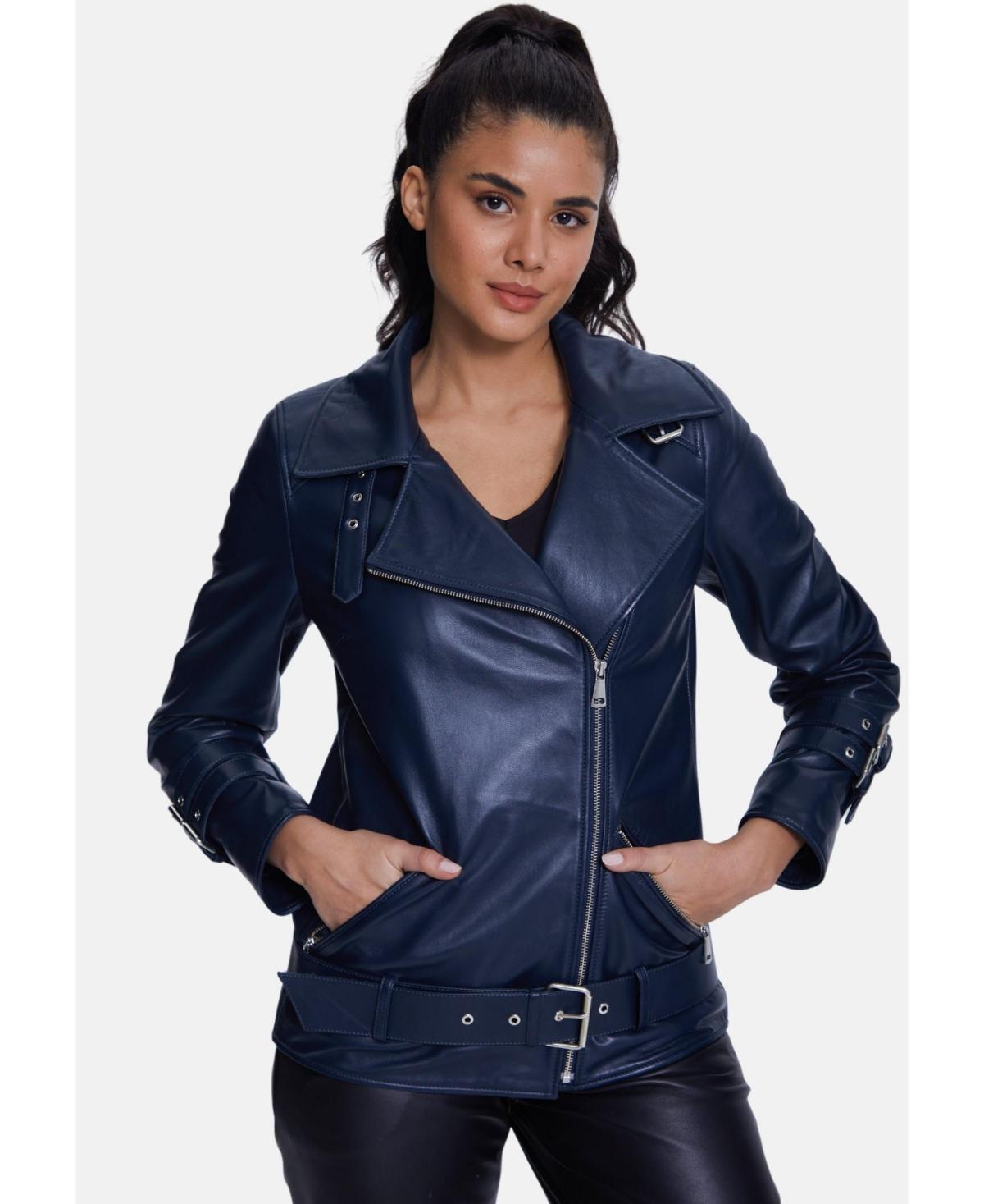 Furniq Uk Womens Genuine Leather Belted Biker Jacket,Nappa Navy Product Image