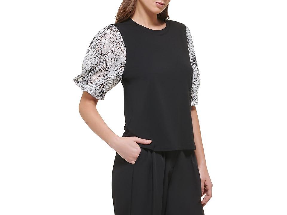 DKNY Short Sleeve Crew Neck Printed Chiffon Sleeve Blouse (Black/Ivory Multi) Women's Clothing Product Image