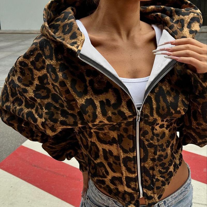 Long Sleeve Leopard Print  Zip-Up Crop Hooded Jacket Product Image