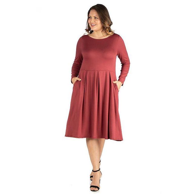 Plus Size 24seven Comfort Apparel Long Sleeve Fit and Flare Midi Dress, Womens Brown Product Image