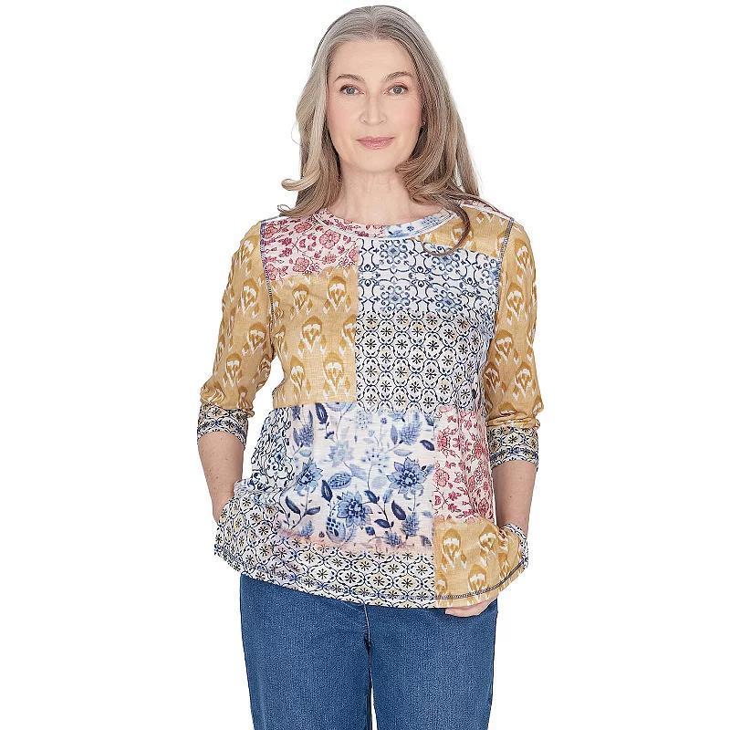 Petite Alfred Dunner Abstract Patchwork 3/4-Sleeve Top, Womens Product Image