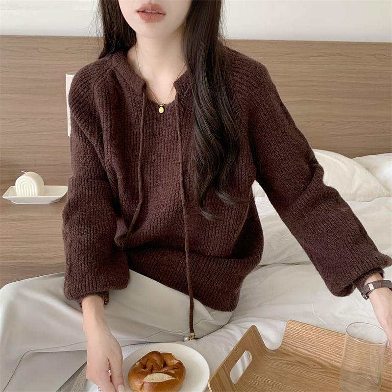 Long-Sleeve Plain Tie-Front Faux Pearl Sweater Product Image