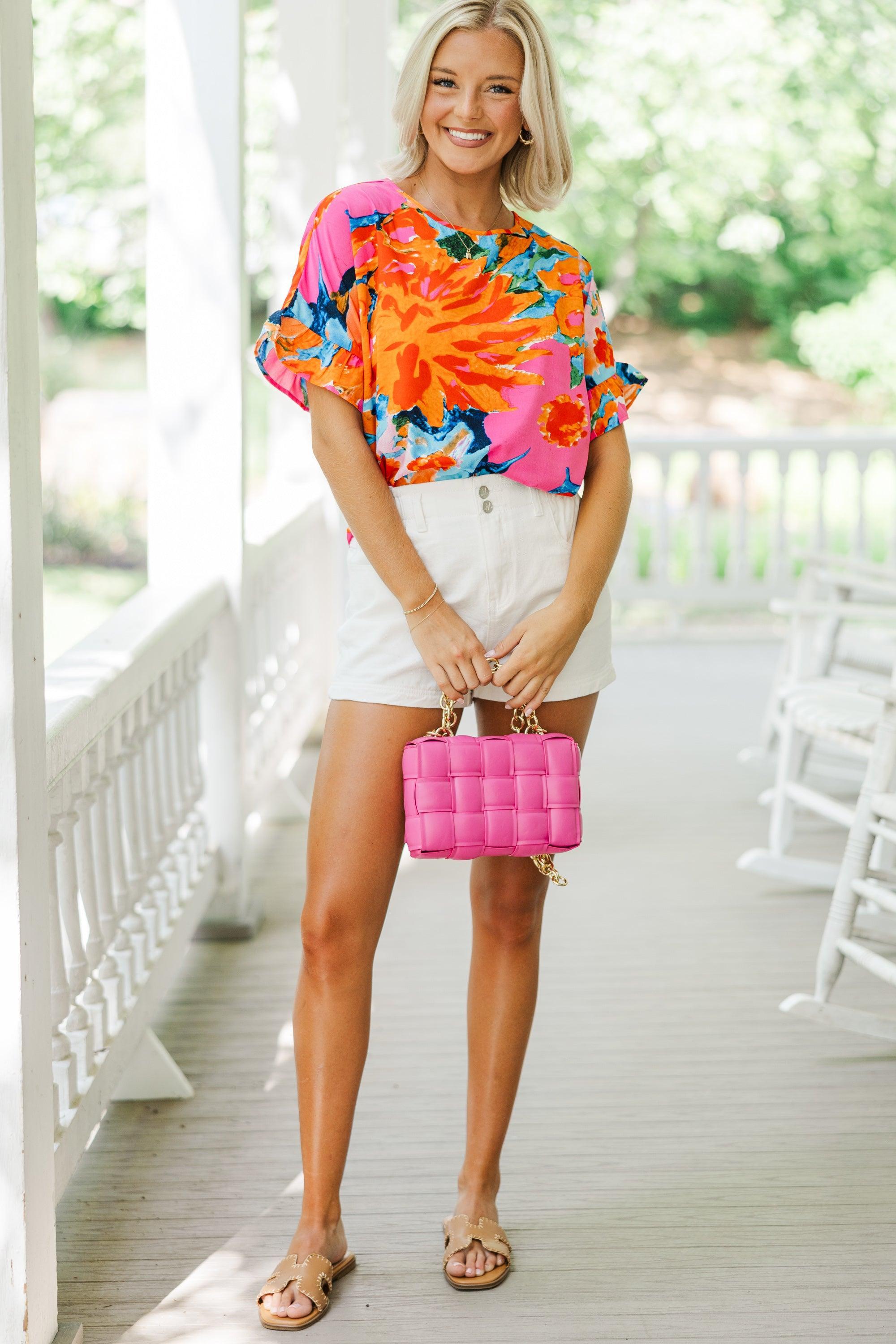 All I Ask Coral Orange Floral Ruffled Top Female Product Image