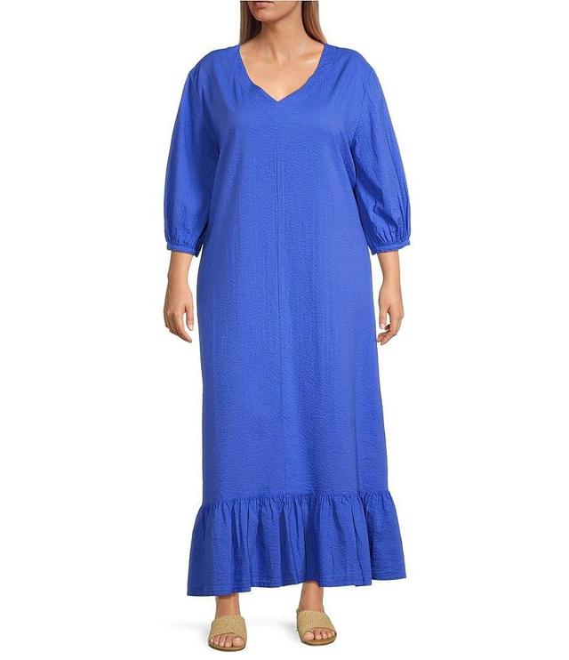 Bryn Walker Plus Size Lana Seersucker V-Neck 3/4 Puff Sleeve Ruffle Hem Shift Long Dress Product Image