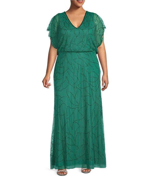 Adrianna Papell Plus Size Short Dolman Sleeve V-Neck Beaded Mesh Dress Product Image