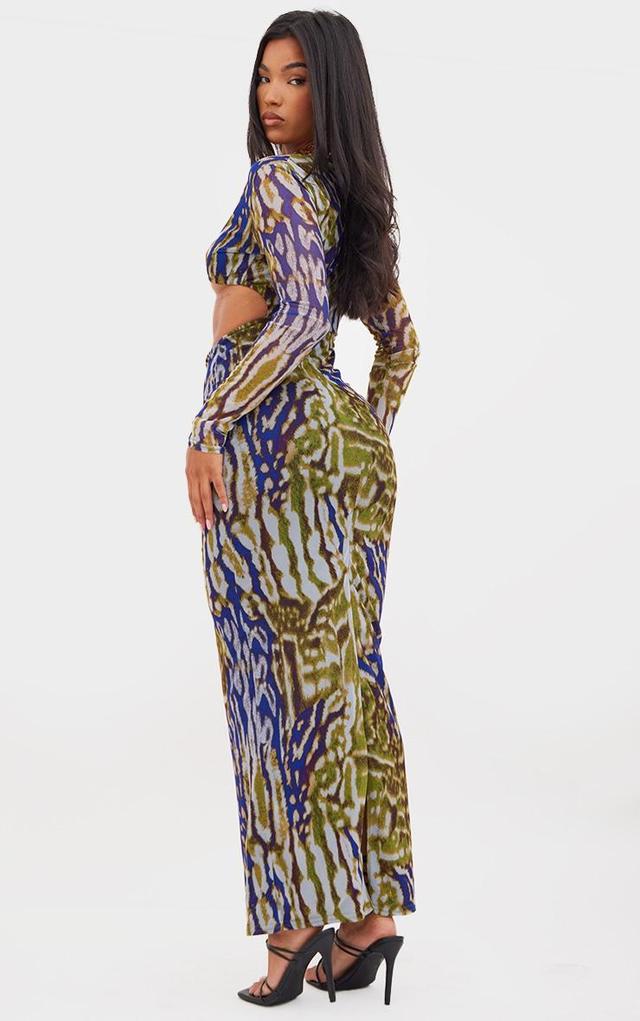  Multi Animal Print Mesh Cup Detail Long Sleeve Maxi Dress Product Image