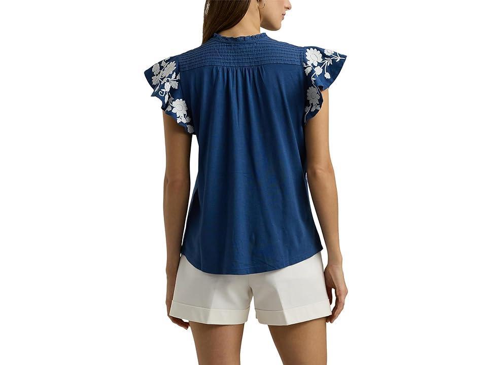 Lauren Ralph Lauren Floral-Embroidered Jersey Tie-Neck Top (Indigo Dusk/White) Women's Clothing Product Image