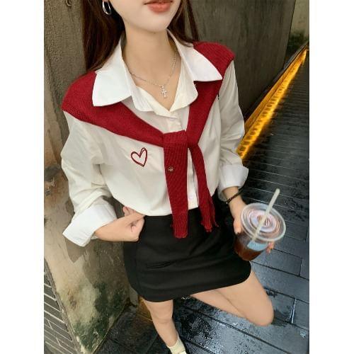 Long Sleeve Collared Heart Embroidered Shirt / Plain Shawl Product Image