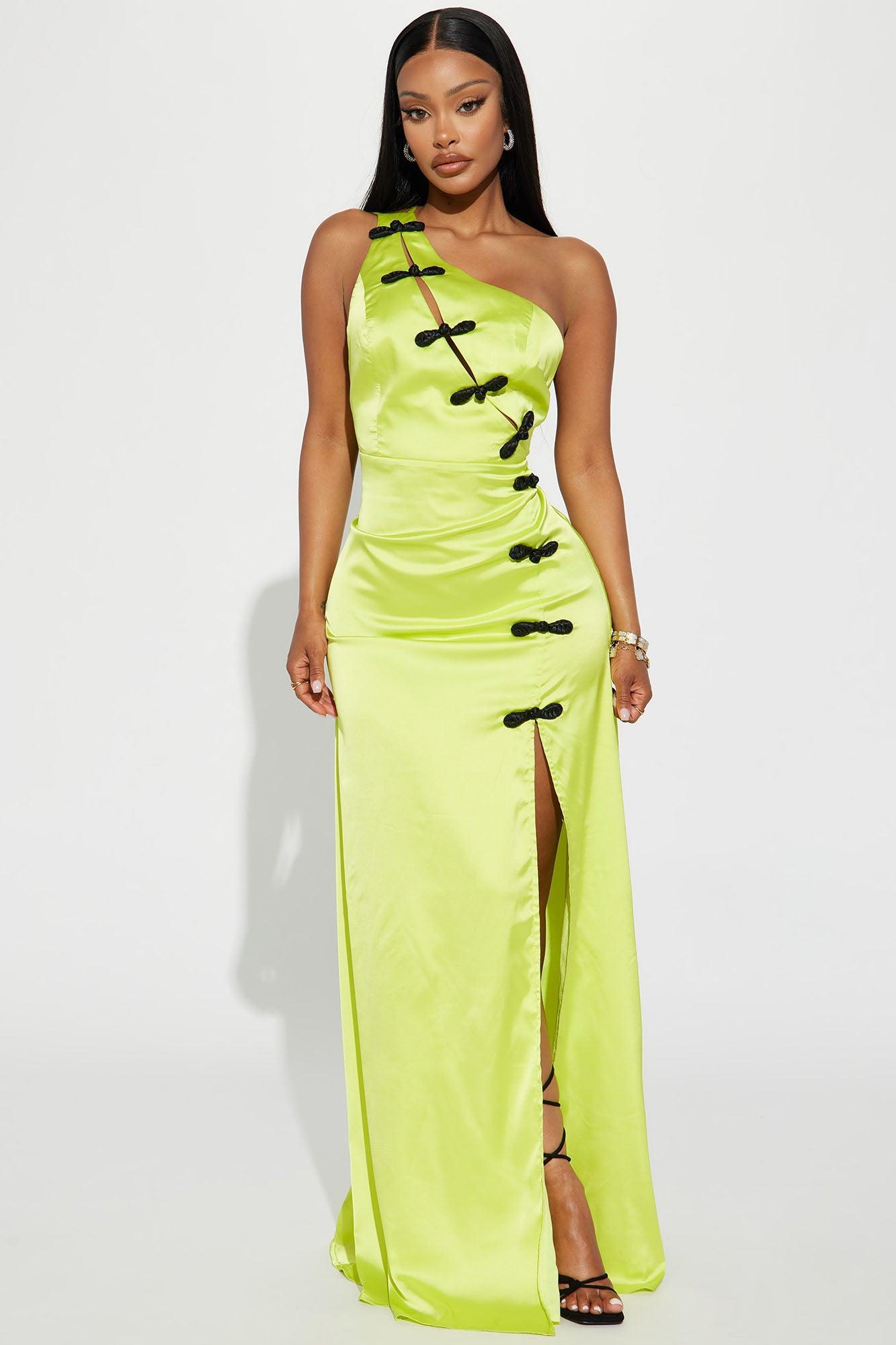 Take A Bow Satin Maxi Dress - Lime Product Image