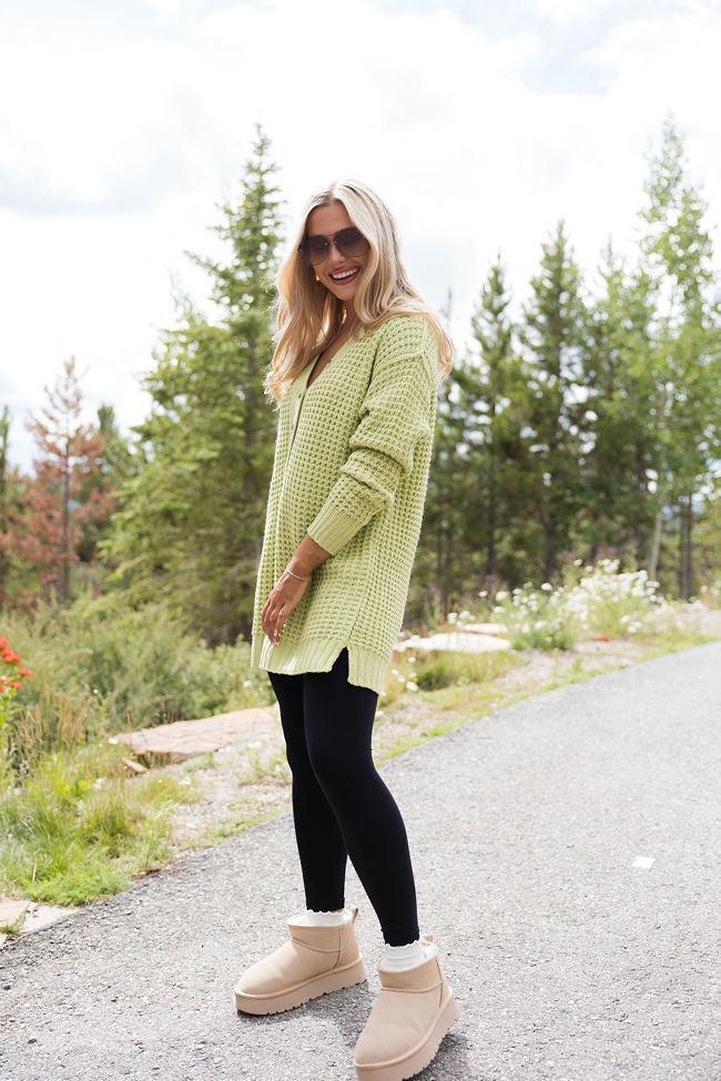 Just Keep Going Lime Henley Waffle Sweater Product Image