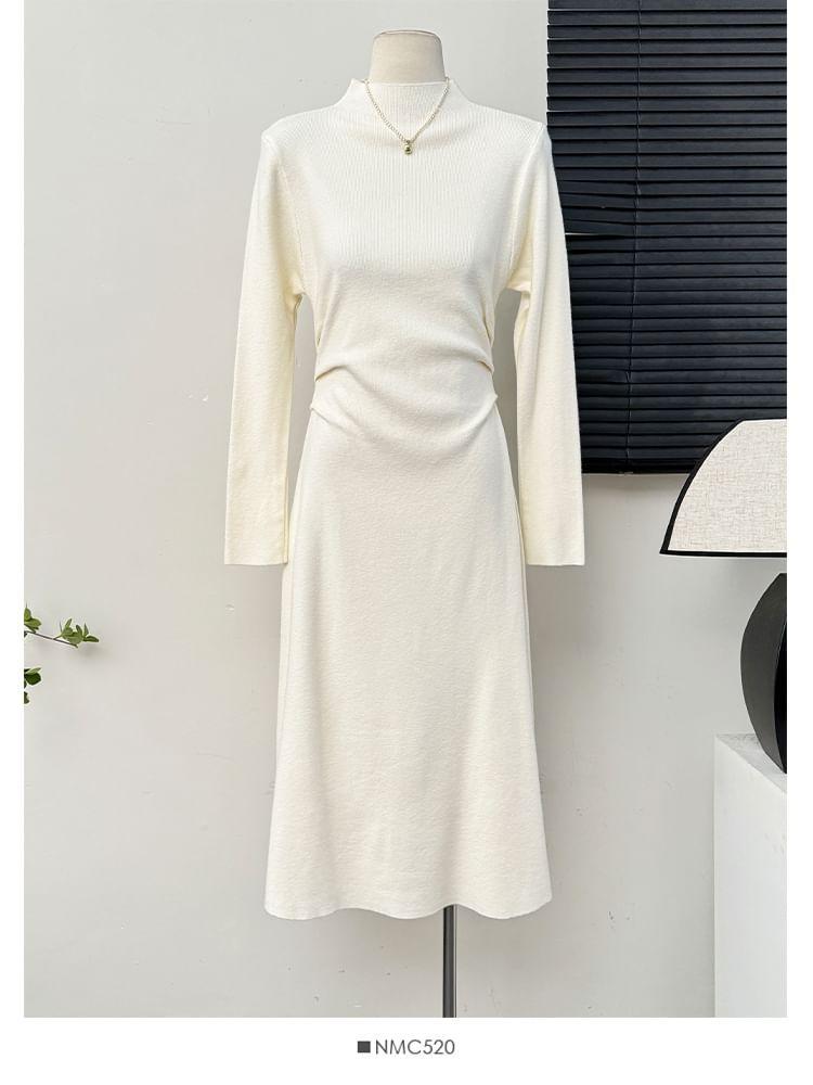 Mock-Neck Ruched Midi A-Line Dress Product Image