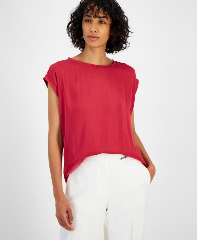 T Tahari Womens Mixed-Media Scoop-Neck Drop-Shoulder Top Product Image